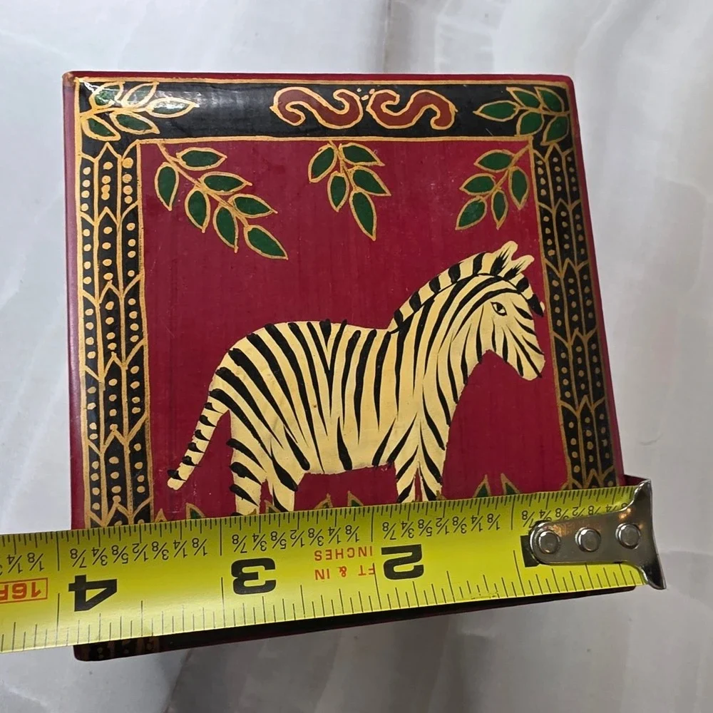 Hand Painted Zebra Wooden Trinket Box and Matching Egg‎ Ornament Set Folk Art S3